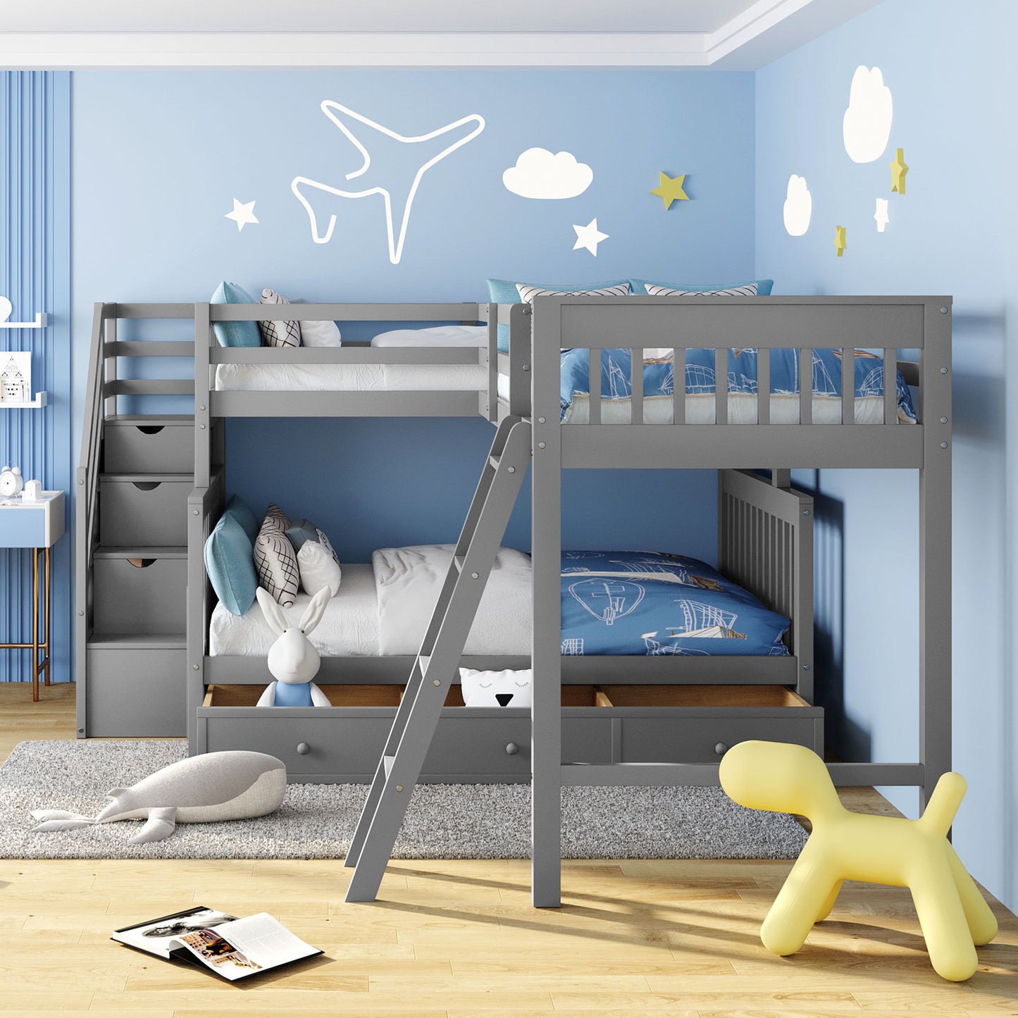 Twin Over Full L Shaped Bunk Bed & 3 Drawers, Ladder And Staircase - Gray