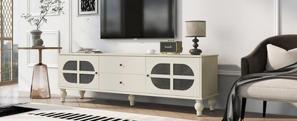 Modern TV Stand For TVs Up To 75", Entertainment Center Media Console With Fluted Glass Doors, 5 Solid Wood Legs For Living Room - Antique White