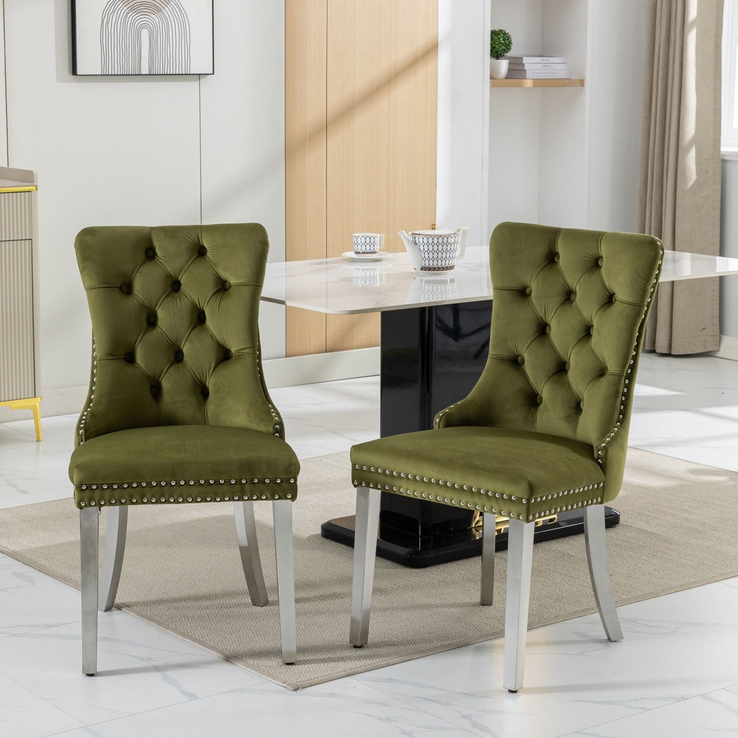 Nikki - Modern, High-End Tufted Solid Wood Contemporary Velvet Upholstered Dining Chair With Chrome Stainless Steel Plating Legs, Nailhead Trim (Set of 2) - Olive Green / Chrome