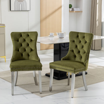 Nikki - Modern, High-End Tufted Solid Wood Contemporary Velvet Upholstered Dining Chair With Chrome Stainless Steel Plating Legs, Nailhead Trim (Set of 2) - Olive Green / Chrome