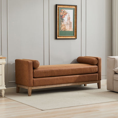 Elegant Upholstered Bench, Daybed, Ottoman With Wood Legs & 2 Bolster Pillows - Brown