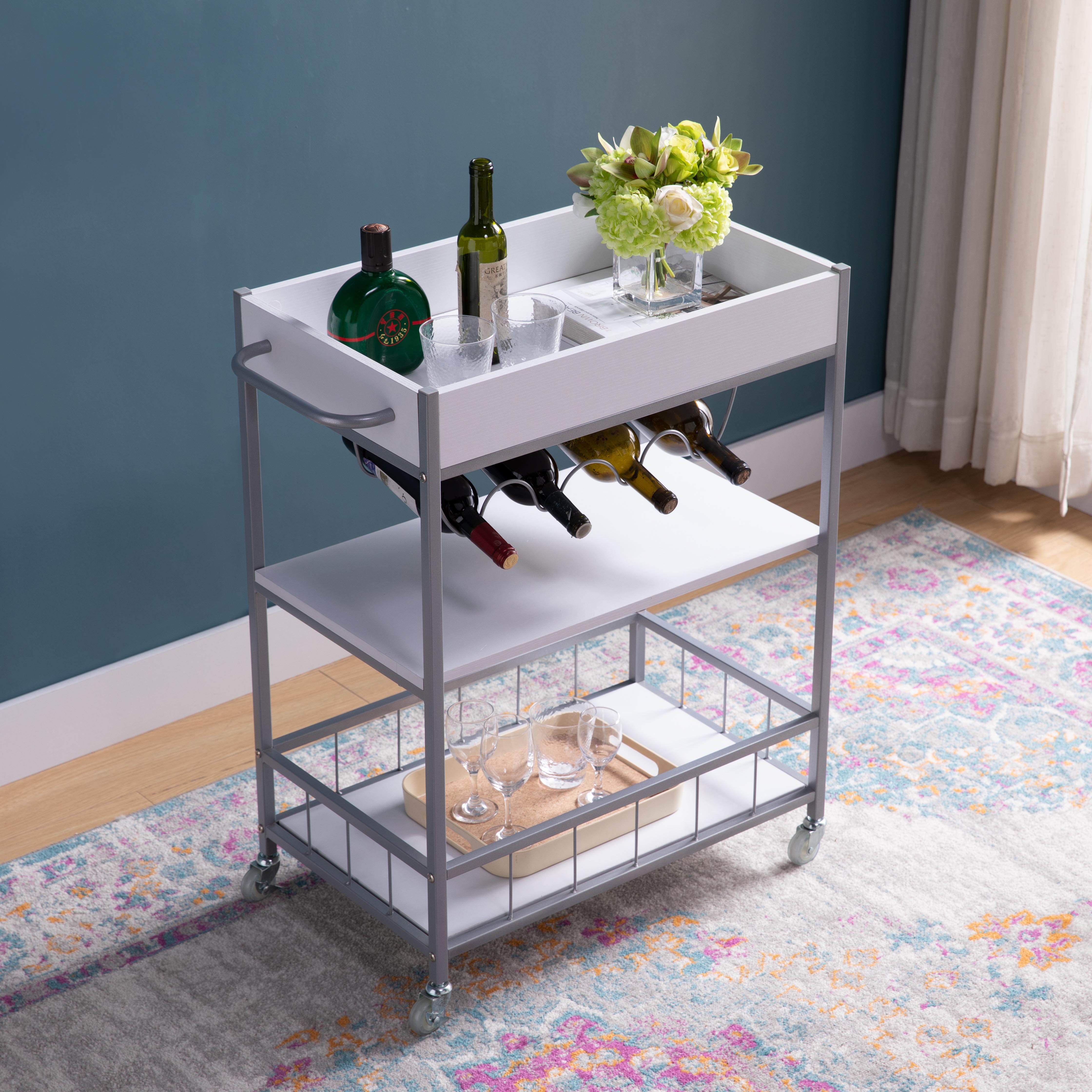 Rolling Kitchen Cart With Three Tier Storage And Four Wine Bottle Rack - White / Silver Metal