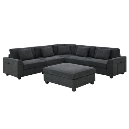 U Shaped Sectional Sofa 6 Seat Couch Set With Oversized Ottoman, Hidden Armrest Storage And Cup Holders USB Charging Ports Wide Seat Sofa - Black