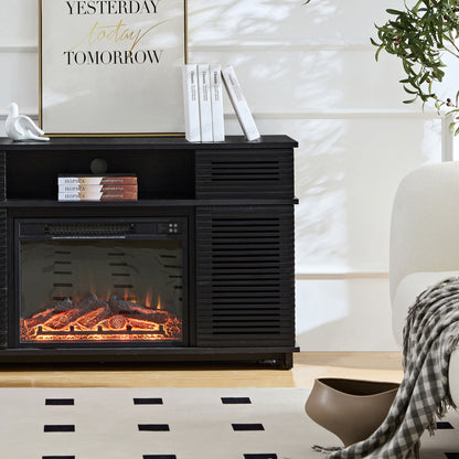Modern Wood Cabinet With Adjustable Shelves And Embedded Fireplace With Remote Control - Black Oak