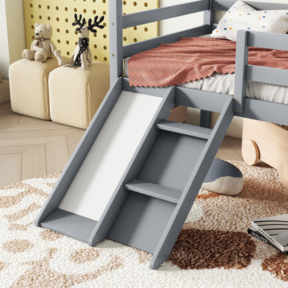 Twin Low Loft House Bed With Slide, Ladder, Safety Guardrails, House Roof Frame - Gray