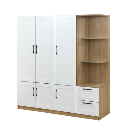 3 Door Storage Wardrobe For Dedroom With Shelves And 2 Drawers, Side Storage Shelves - White