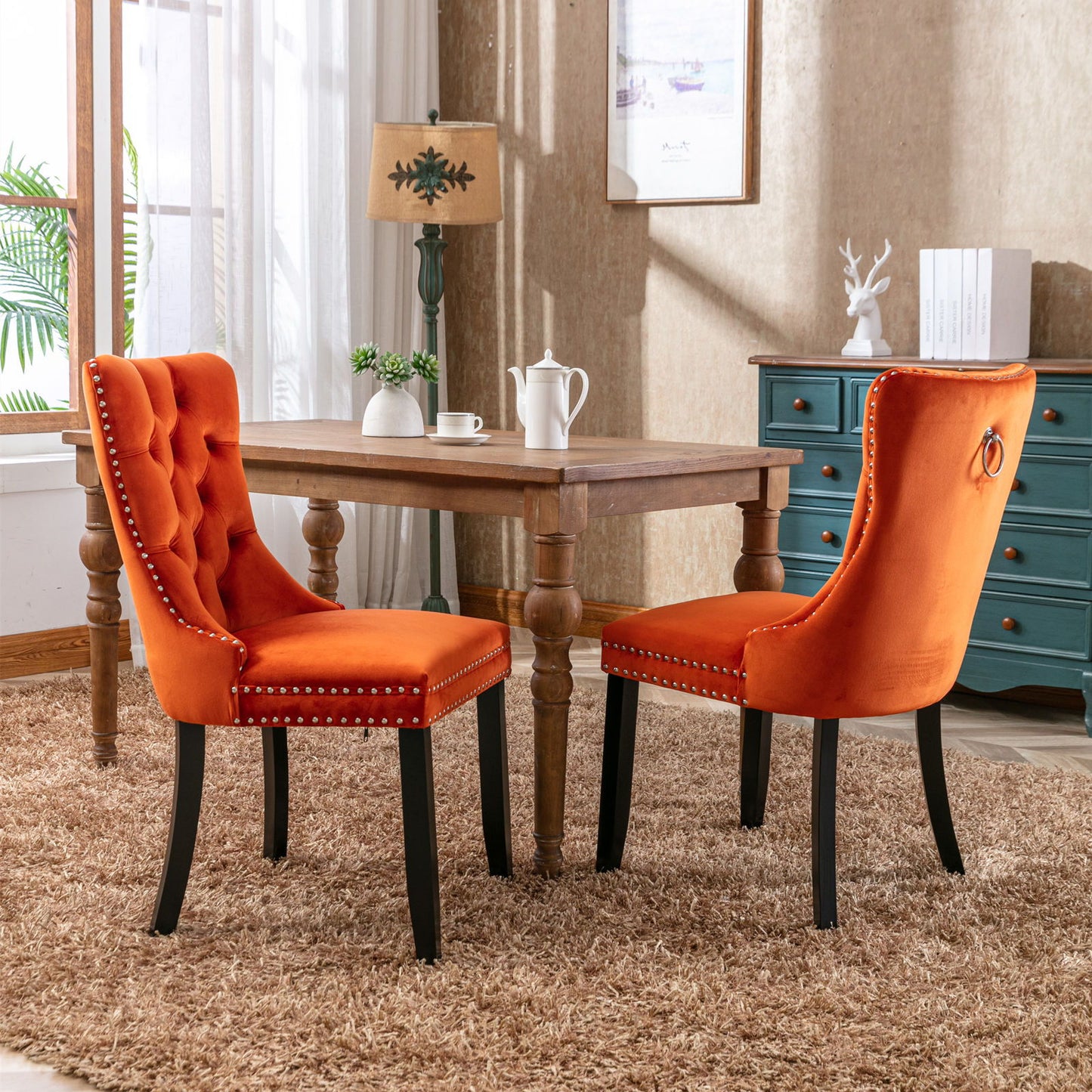 Nikki - Modern, High-End Tufted Solid Wood Contemporary Velvet Upholstered Dining Chair With Wood Legs Nailhead Trim (Set of 2) - Orange