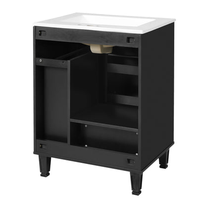 Modern Solid Wood And 24" Bathroom Vanity With Sink, Deep Drawer, Door Shelf, 2 Tier Basket - Black