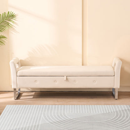 Wide Storage Soft Ottoman Bench With Armrests, Footrest Bed End Stool For Living Room, Dorm, Entryway And Bedroom - Beige - Beige