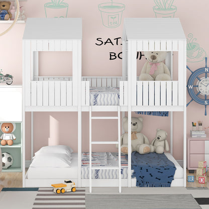 Full Over Full Bunk Bed With Roof, Window, Guardrail, Ladder - White