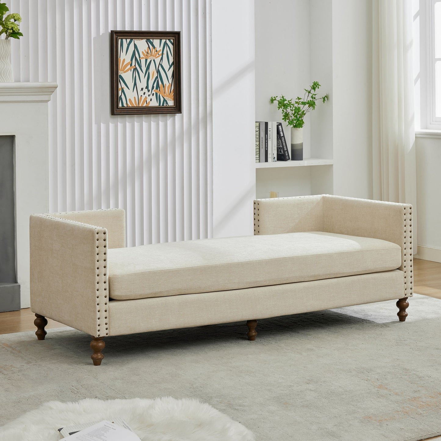Chenille Upholstered Chaise Lounge With Nailheads, Sleeper Sofa Couch With 4 Throw Pillows & 2 Bolsters, Daybed With Rubberwood Legs - Beige