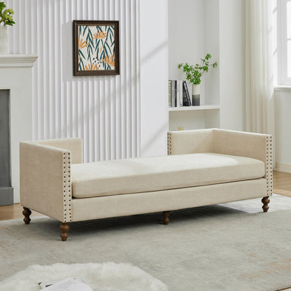 Chenille Upholstered Chaise Lounge With Nailheads, Sleeper Sofa Couch With 4 Throw Pillows & 2 Bolsters, Daybed With Rubberwood Legs - Beige