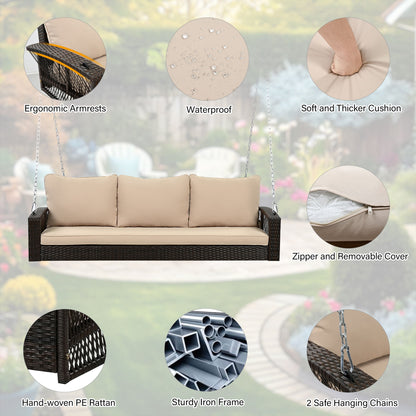 3 Person Porch Swing With Chains, Large Patio Swing Bench With Cushions For Backyard, Garden, And Poolside - Brown