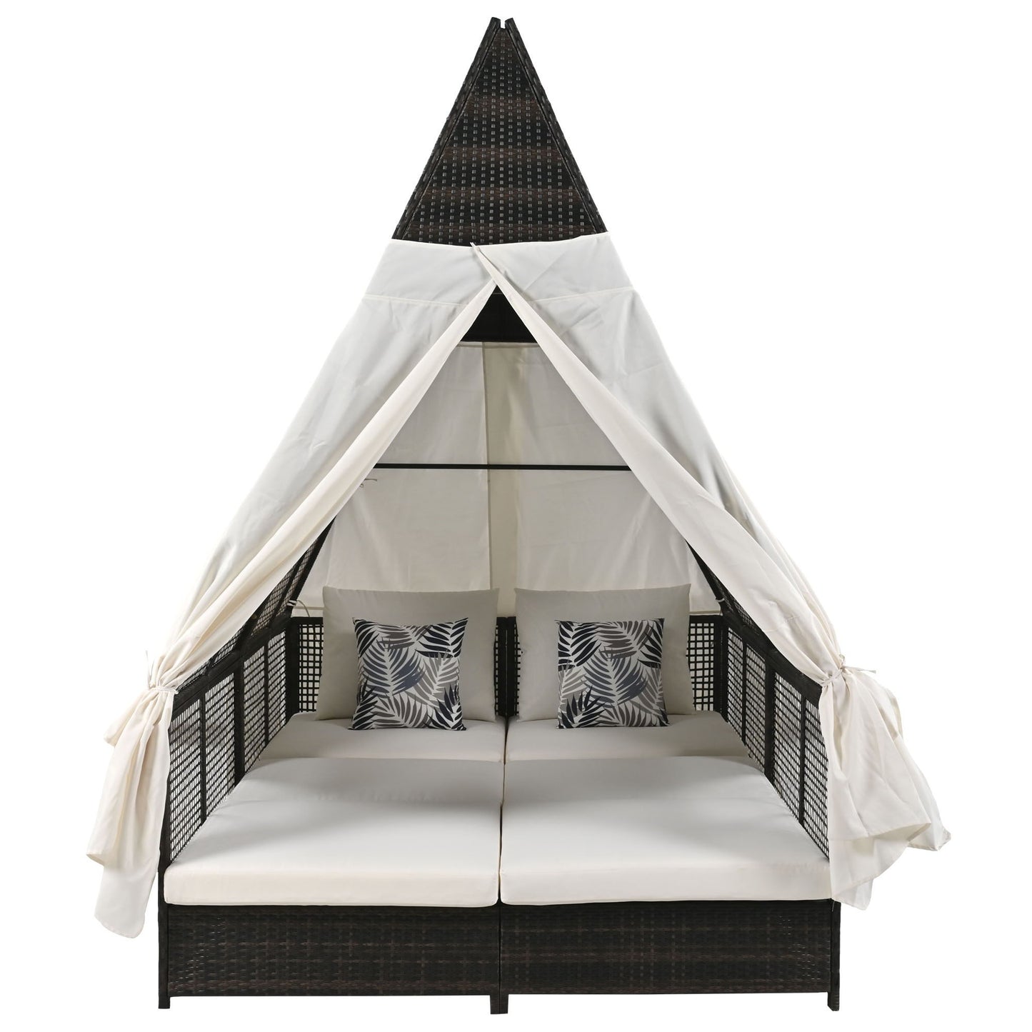 Outdoor Daybed Patio Lounge Bed With Adjustable Backrest Double Sun Lounger With Curtains, 4 Pillows For Garden Patio Poolside Balcony Beach - Cream