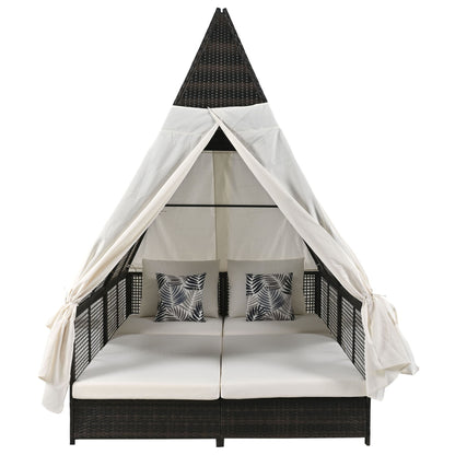 Outdoor Daybed Patio Lounge Bed With Adjustable Backrest Double Sun Lounger With Curtains, 4 Pillows For Garden Patio Poolside Balcony Beach - Cream