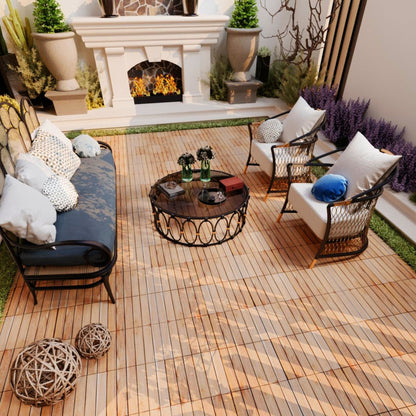 10 Piece Interlocking Deck Tiles Striped Pattern, Square Acacia Hardwood Outdoor Flooring For Patio, Bancony, Pool Side - Yellow