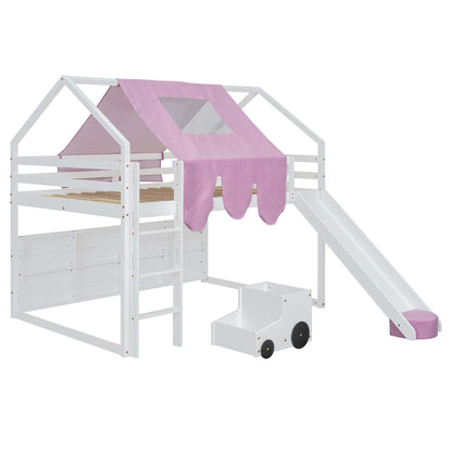 Full Size Loft Bed With House Shaped Frame And Tent - White / Pink