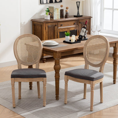 French Style Solid Wood Frame Antique Painting Linen Fabric Rattan Back Dining Chair (Set of 2) - Gray
