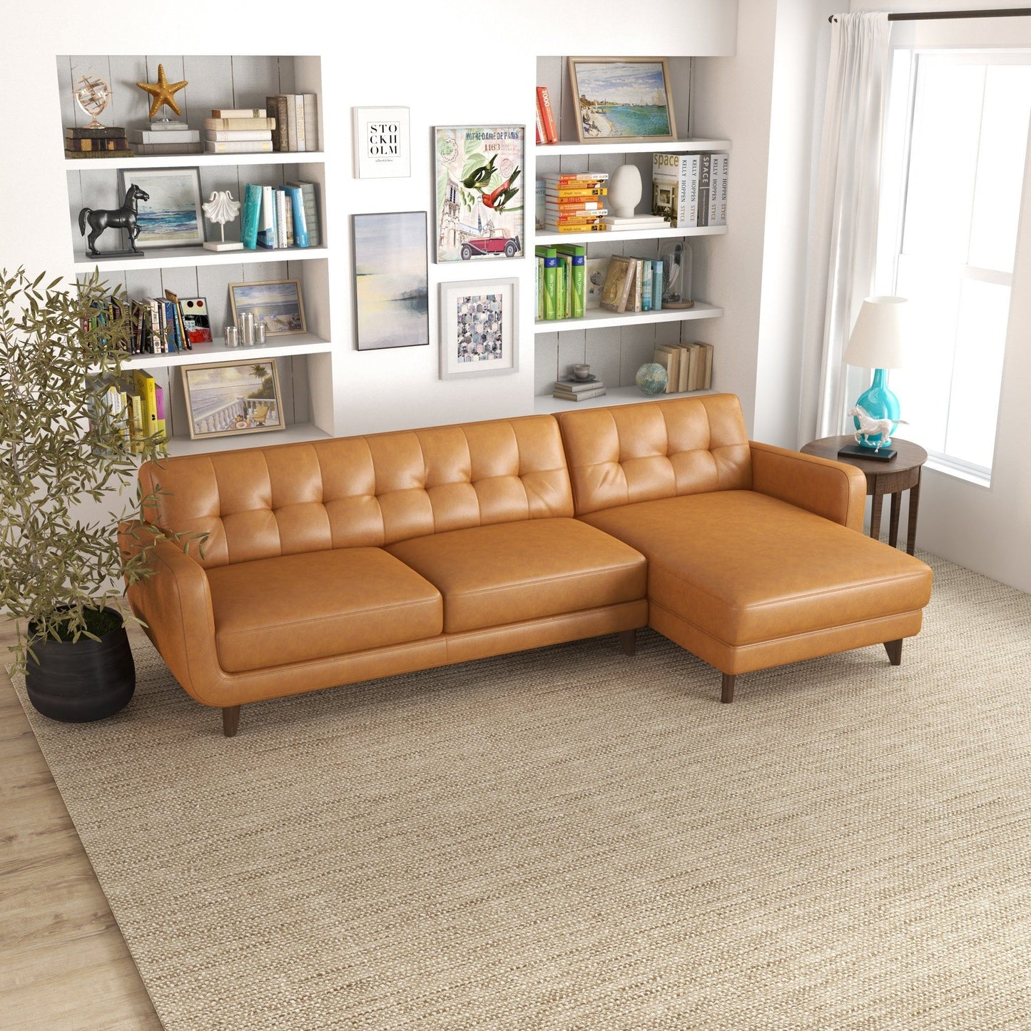 Allison - Right Facing Leather Sectional Sofa - Tan