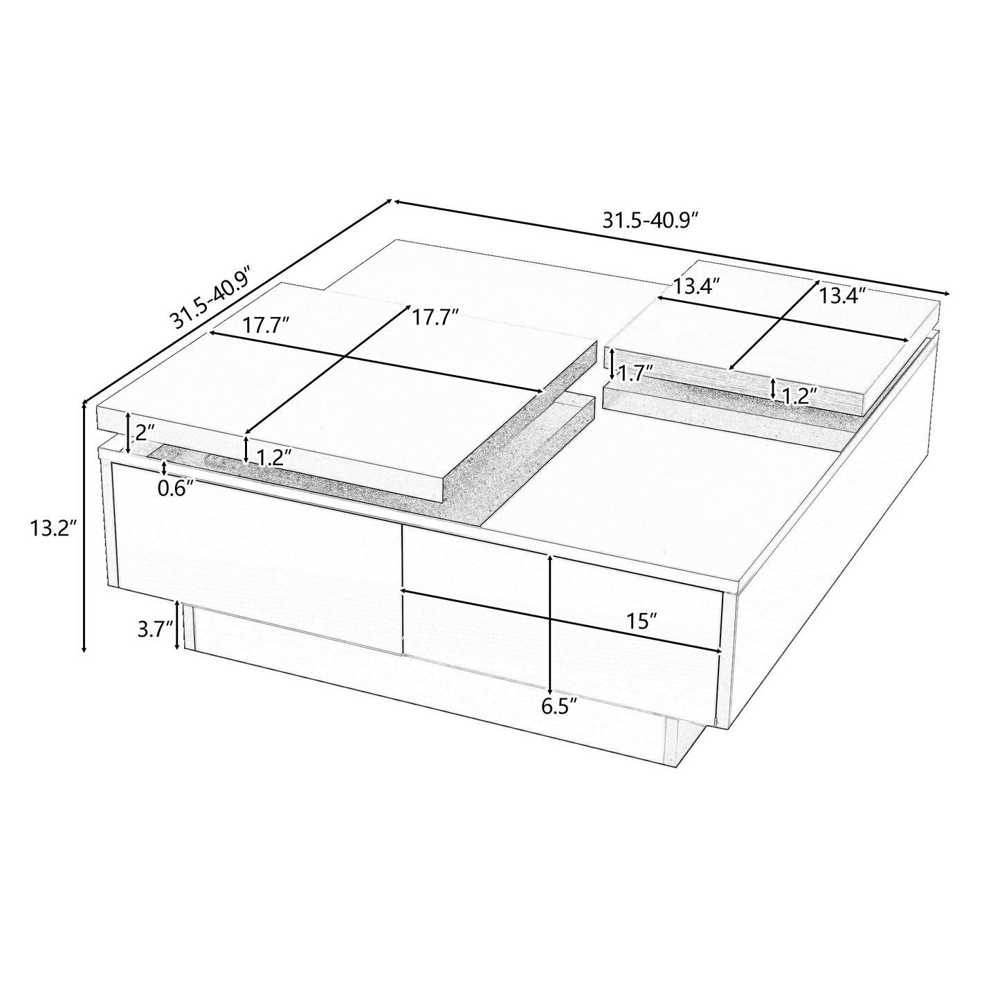Movable Top Coffee Table, Modern Square Wood Coffee Table With High Gloss Finish, 4 Hidden Storage Drawers For Living Room - Black