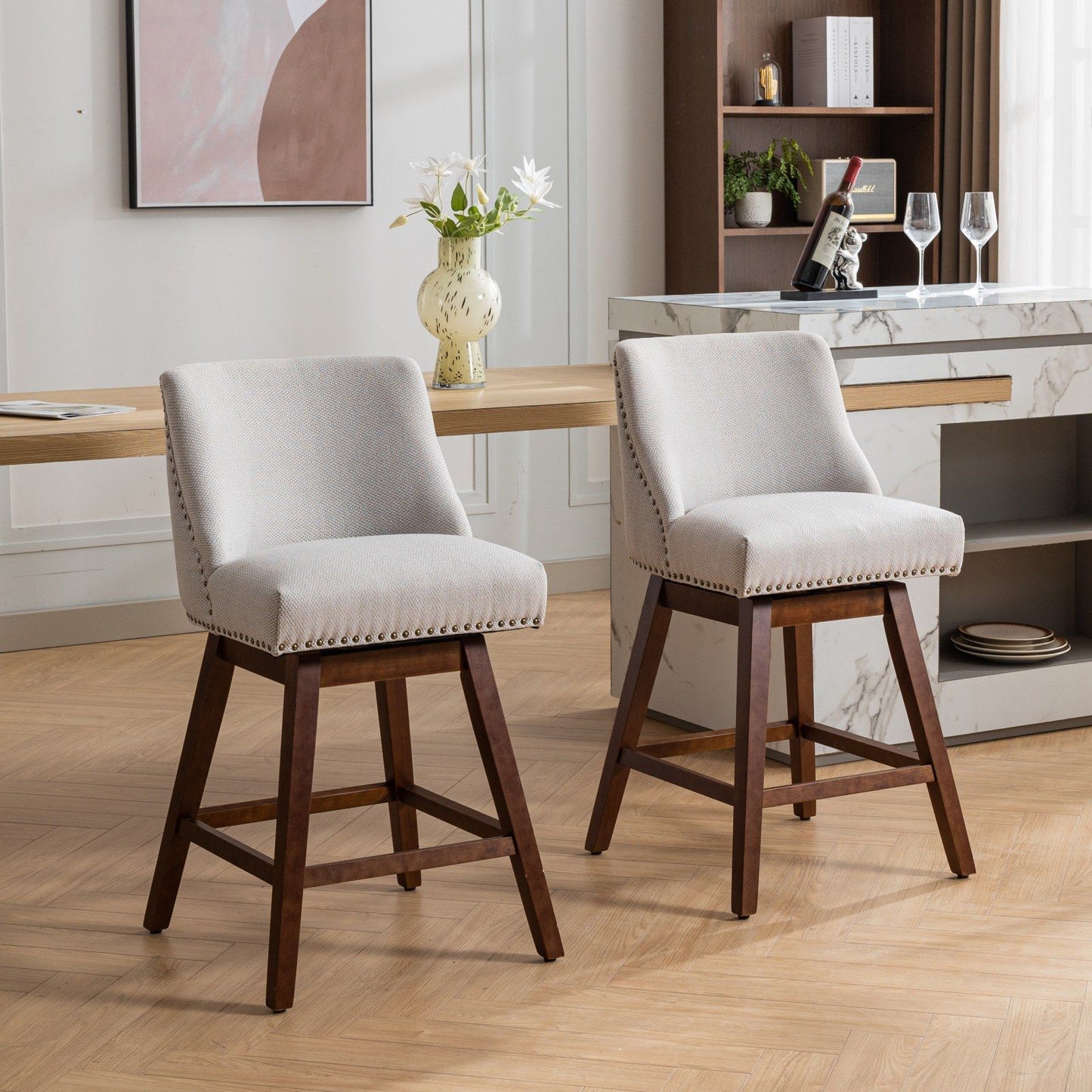 Counter Height Swivel Barstools, Upholstered Bar Stools (Set of 2) - Ivory