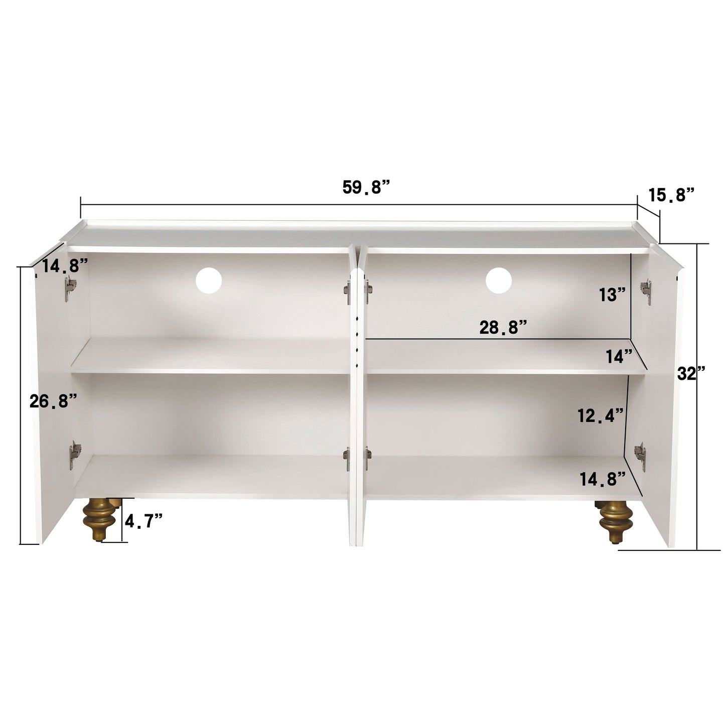 Modern Fluted Sideboard Buffet With Storage, Curve Element, 4 Doors With Adjustable Shelves - White