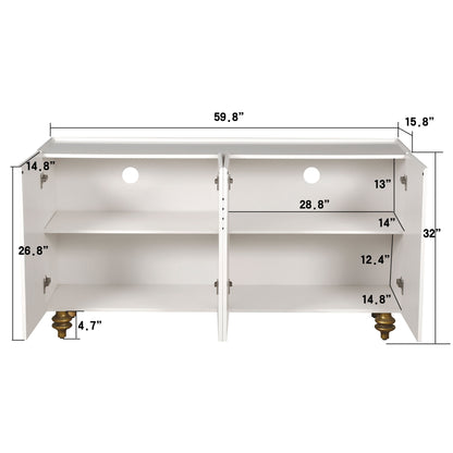 Modern Fluted Sideboard Buffet With Storage, Curve Element, 4 Doors With Adjustable Shelves - White