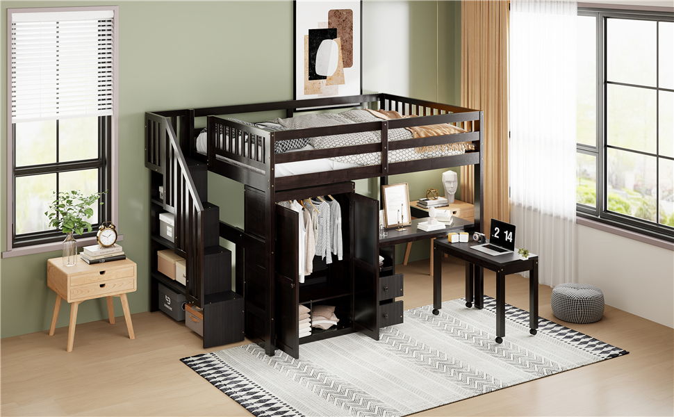 Full Size Loft Bed With Stairs, Bookshelf, Drawers, Desk & Wardrobe, Space Saving Multifunctional Furniture - Espresso