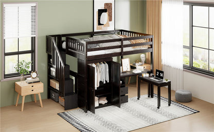 Full Size Loft Bed With Stairs, Bookshelf, Drawers, Desk & Wardrobe, Space Saving Multifunctional Furniture - Espresso