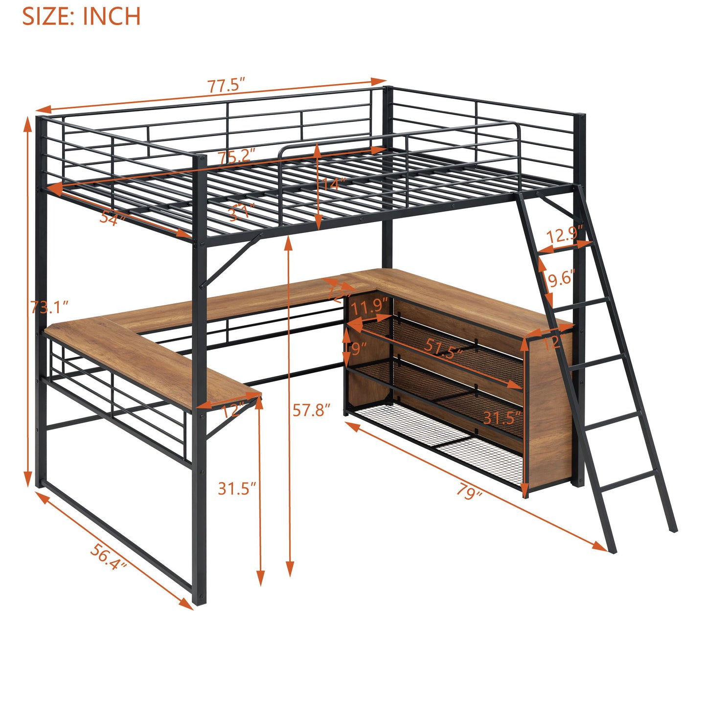 Full Size Loft Bed With 3 Layers Of Shelves And L-Shaped Desk - Black