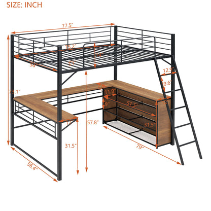 Full Size Loft Bed With 3 Layers Of Shelves And L-Shaped Desk - Black
