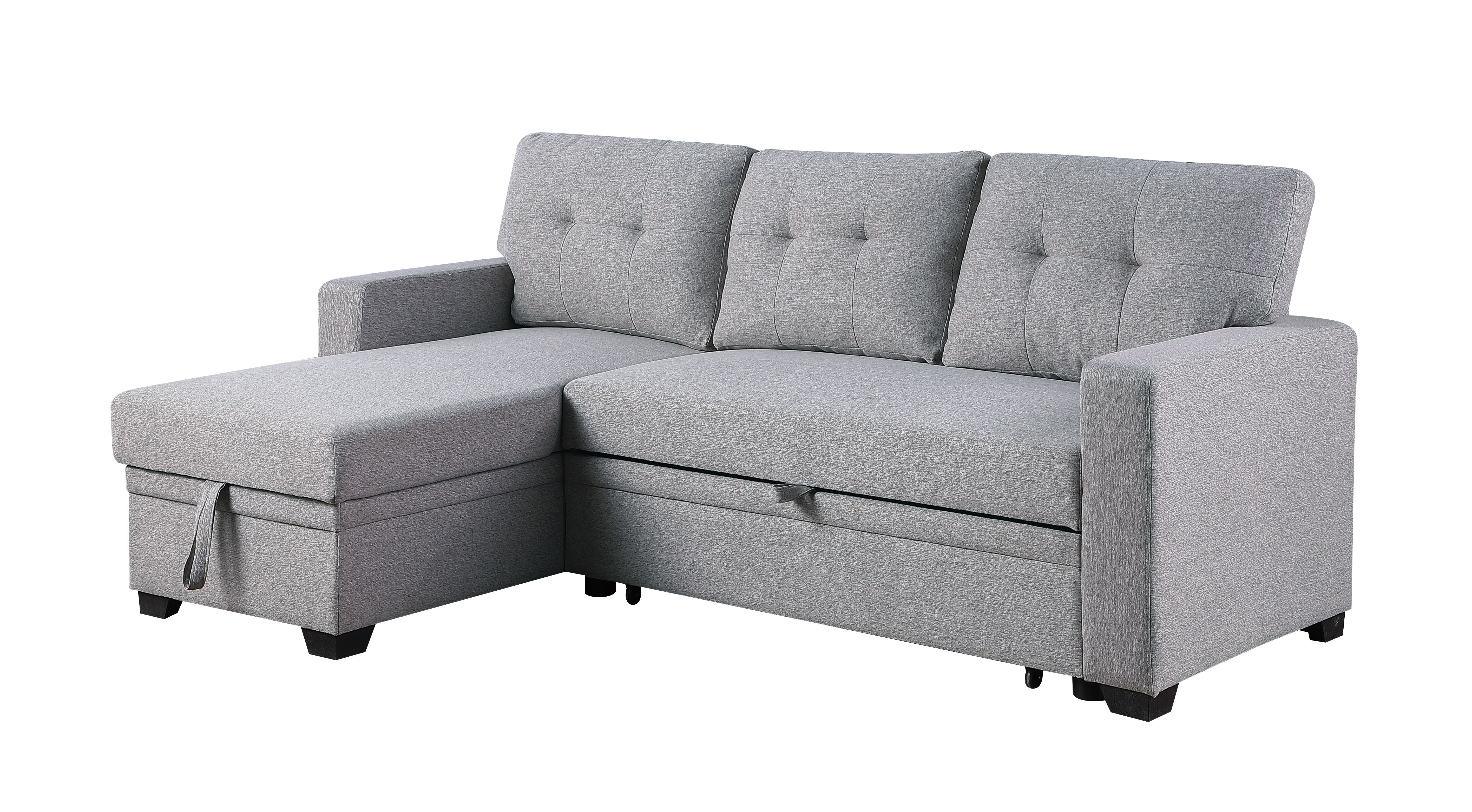 Upholstered Pull Out Sectional Sofa With Chaise - Light Gray