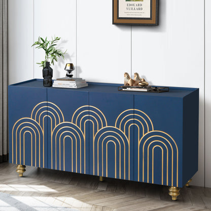 Modern Fluted Sideboard Buffet With Adjustable Shelves, Curve Element With Strict Lines - Navy Blue