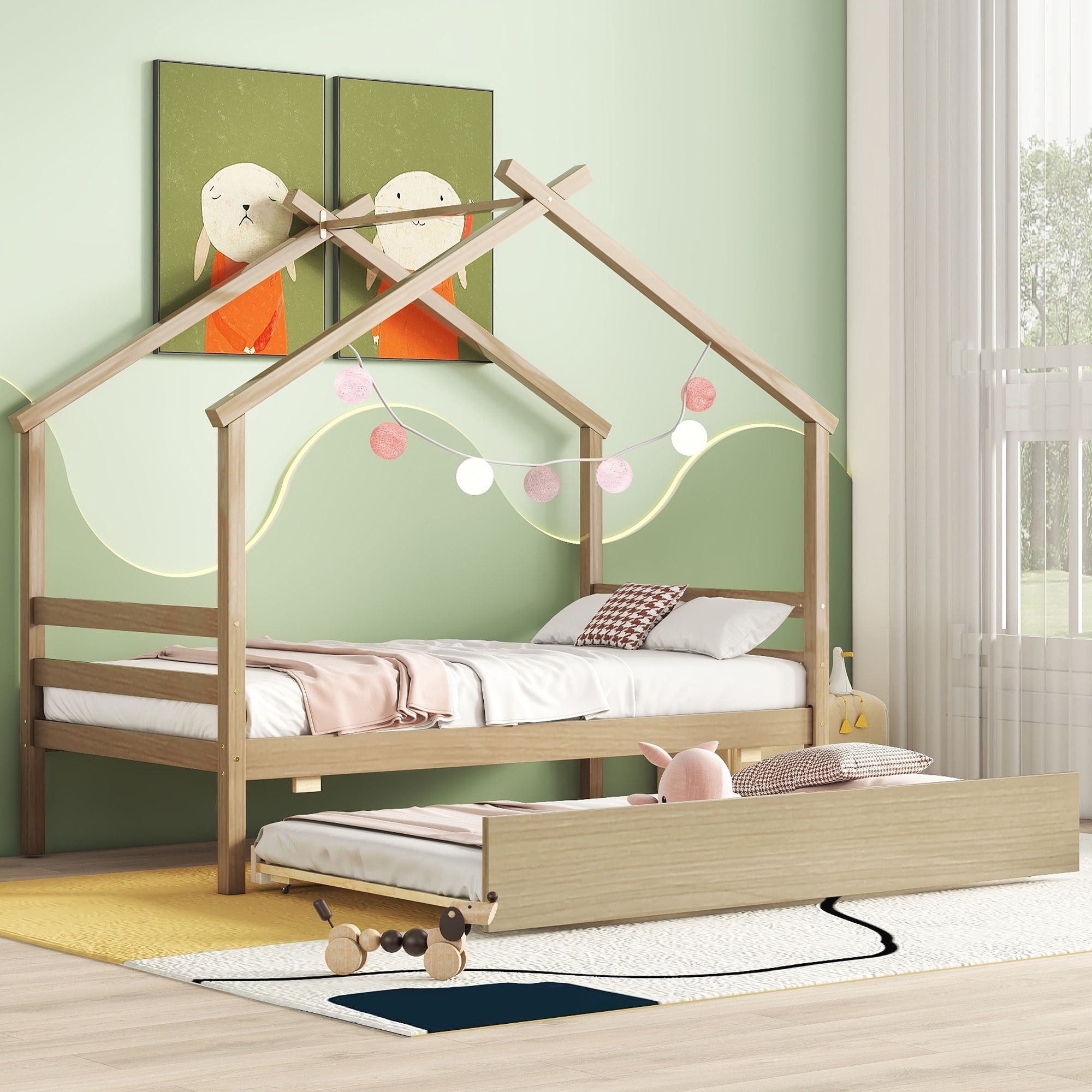 Twin Size House-Shaped Bed With Trundle - Natural