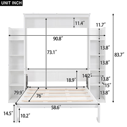 Full Size Murphy Wall Bed With Shelves And LED Lights - White