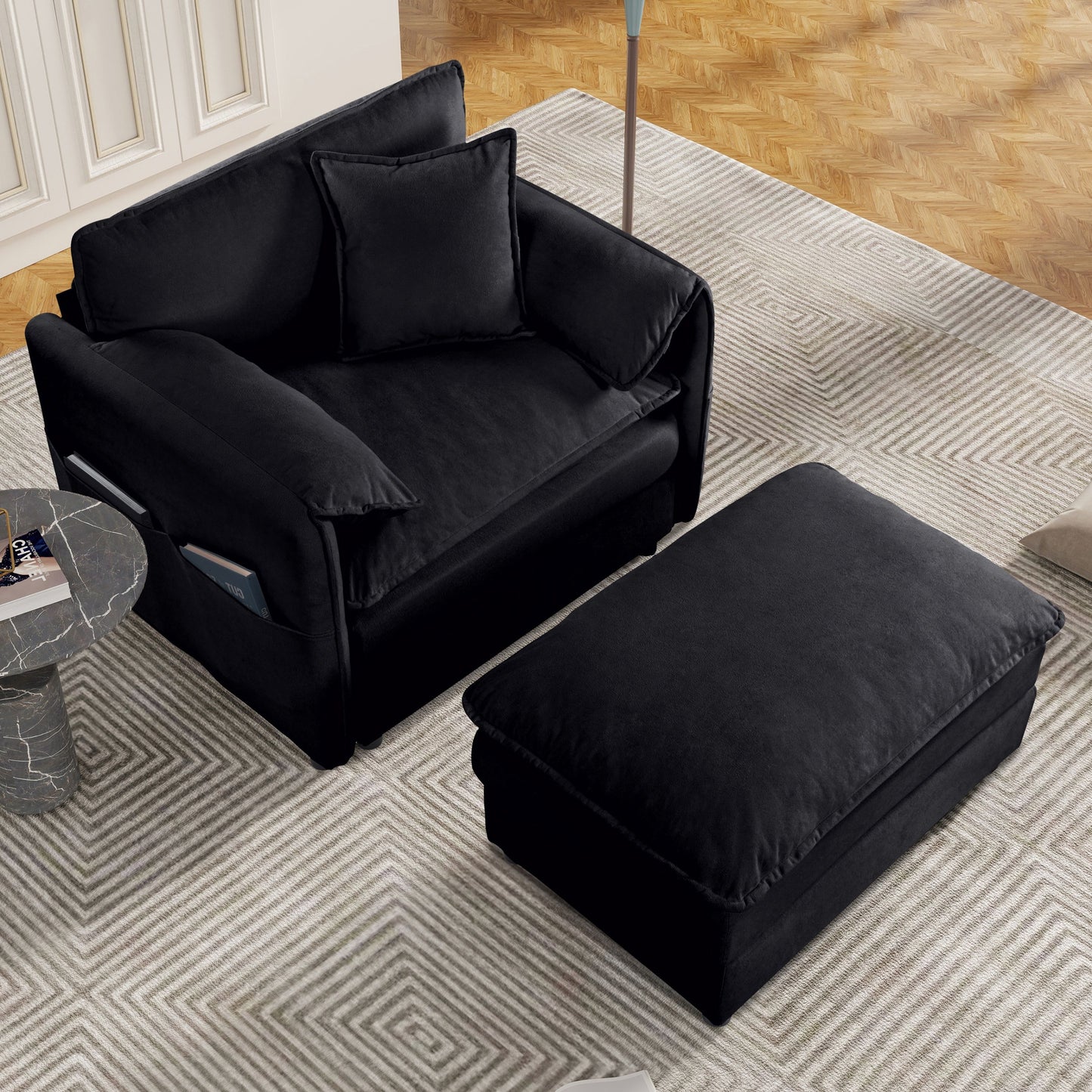 Oversized Recliner Chair With Movable Ottoman, Soft Chenille Upholstered Indoor Lounge Chair - Black