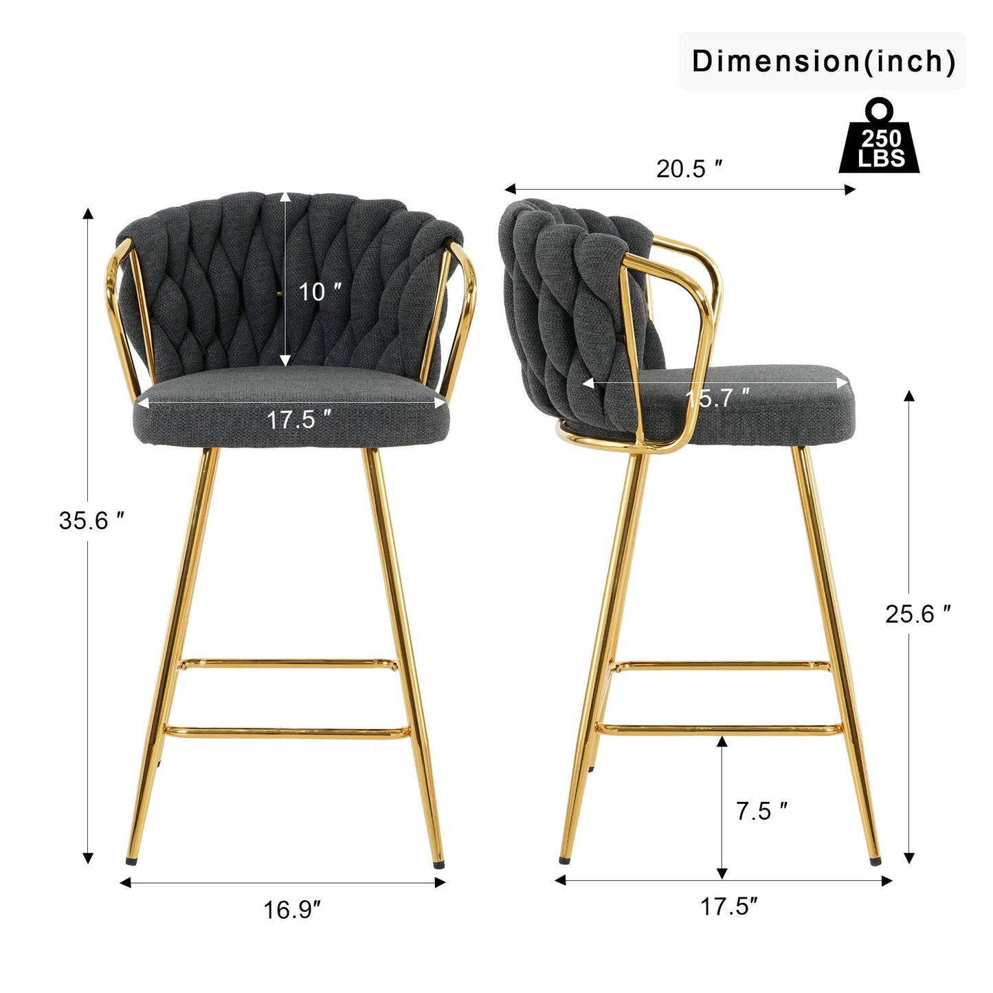 Modern Design High Stool With Gold Plated Legs For Kitchen Dining Linen (Set of 2) - Dark Gray