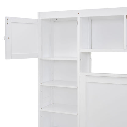 Full Size Bed With All In One Cabinet, Shelf And Sockets, Twin Size Trundle - White