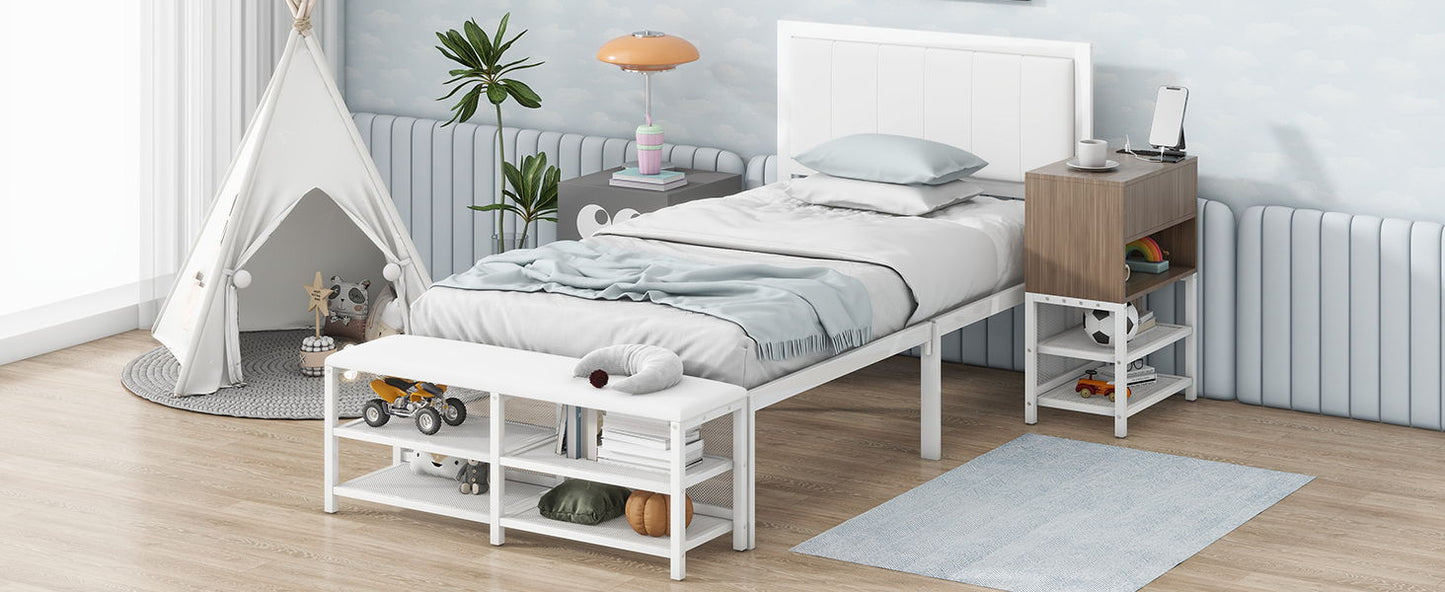 Twin Size Platform Bed With 2 Tier Storage Shelves, Storage Cabinet - White