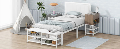 Twin Size Platform Bed With 2 Tier Storage Shelves, Storage Cabinet - White