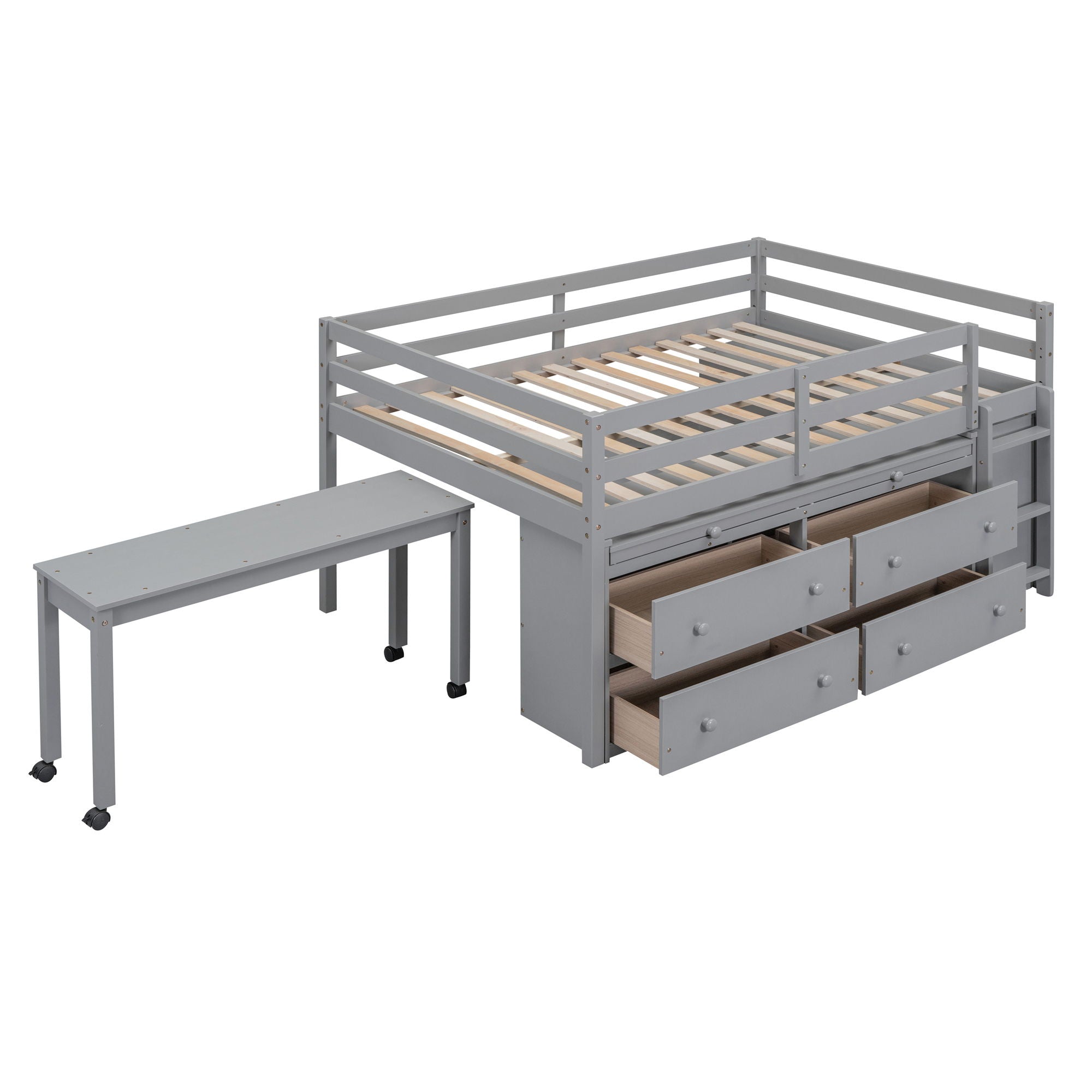 Full Size Loft Bed With Retractable Writing Desk And 4 Drawers, With Lateral Portable Desk And Shelves - Gray