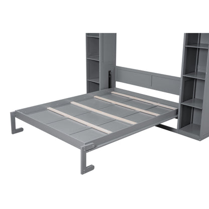 Queen Size Murphy Wall Bed With Shelves And LED Lights - Gray