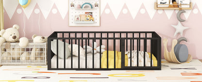 Twin Size Floor Bed Frame With Fence And Door - Black