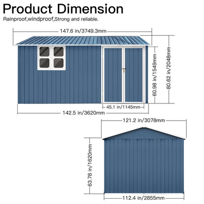 10'x12' Garden Sheds Outdoor Storage Sheds With Window - Blue