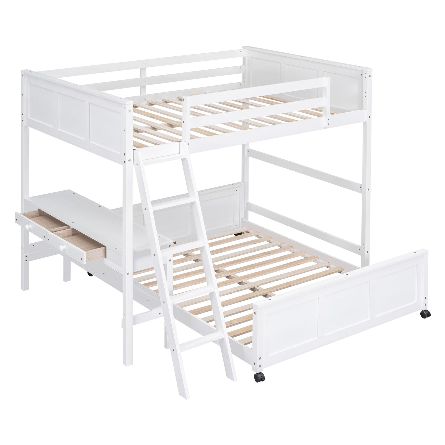 Full Over Full Bunk Bed With Desk - White