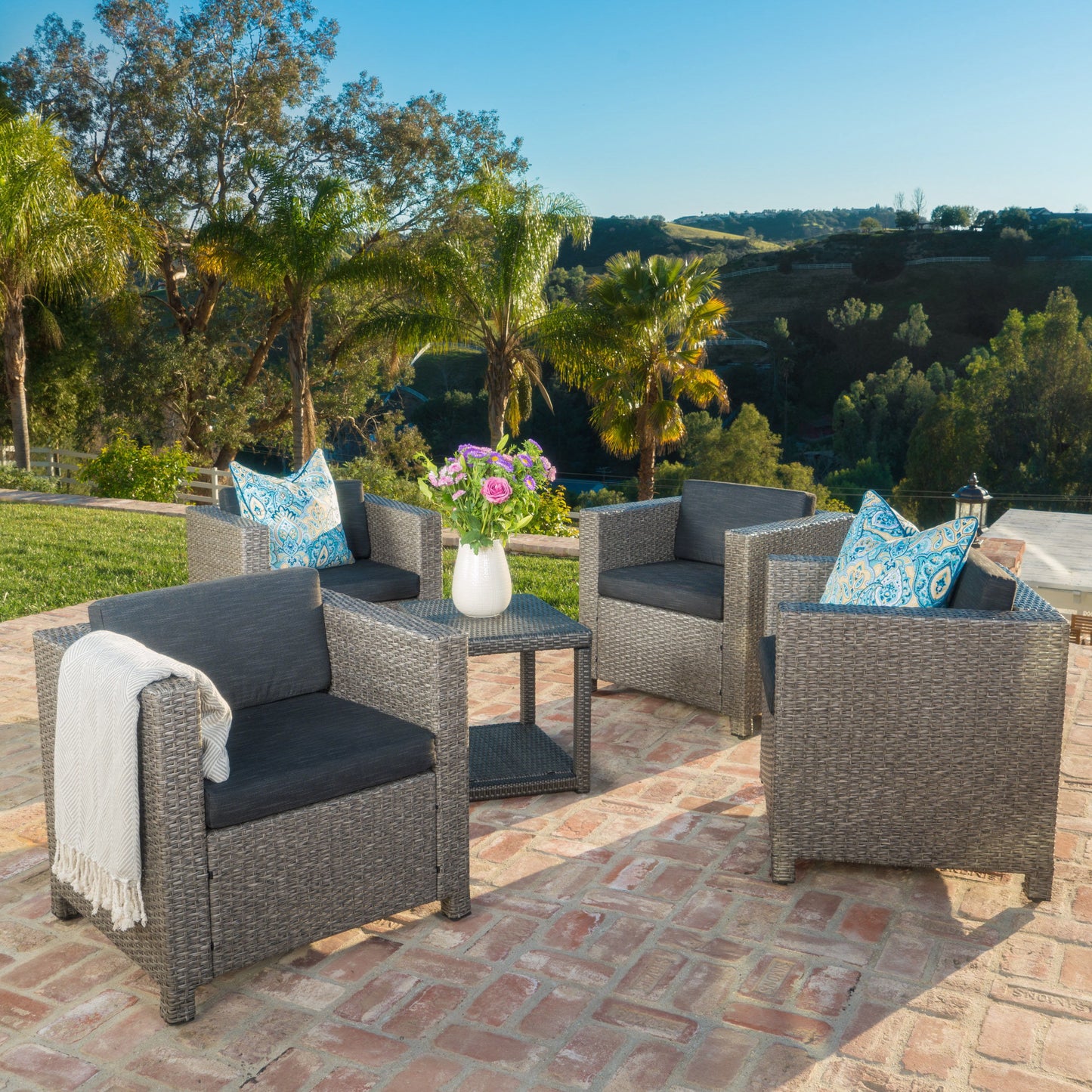 Outdoor Club Chair With Water Resistant Cushion And Square Arms (Set of 4) - Black
