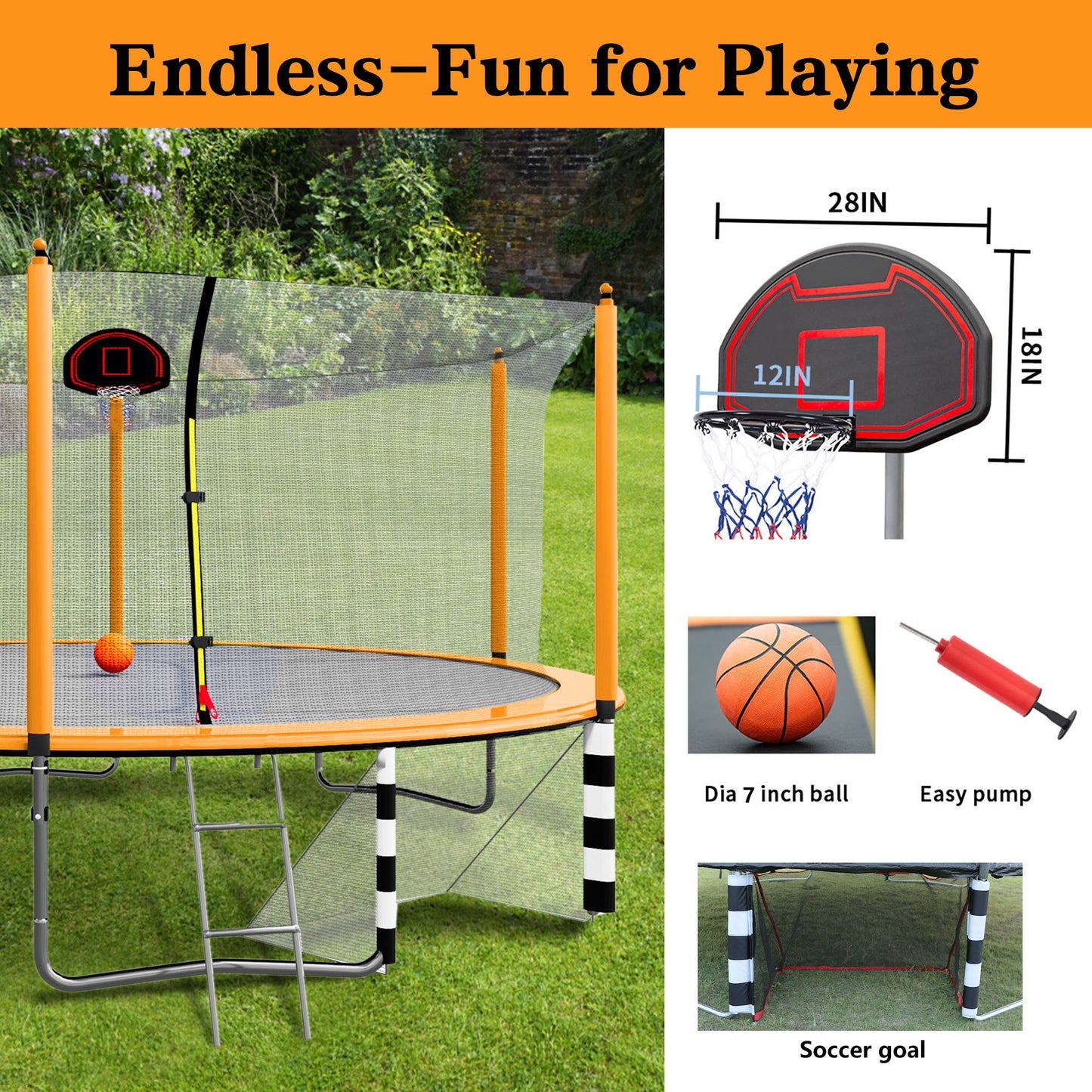 16Ft Trampoline With Basketball Hoop Pump And Ladder (Inner Safety Enclosure) With Soccer Goal - Orange