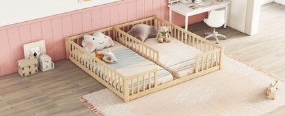 Double Twin Floor Bed With Fence, Guardrails, Without Door - Natural