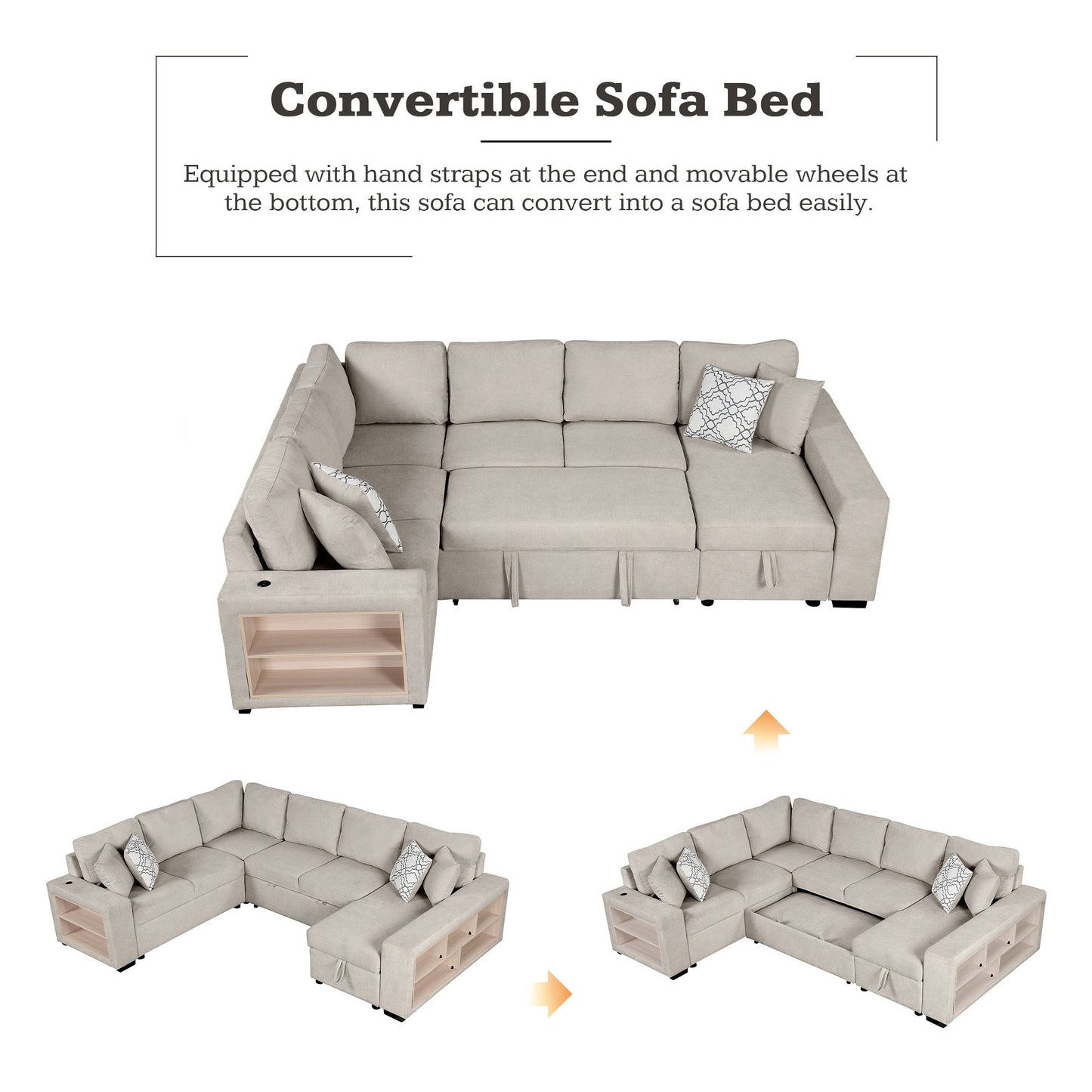 U-Shaped Sectional Sofa Pull-Out Sofa Bed With Two USB Ports, A Storage Chaise Lounge And Four Back Pillows For Living Room - Beige