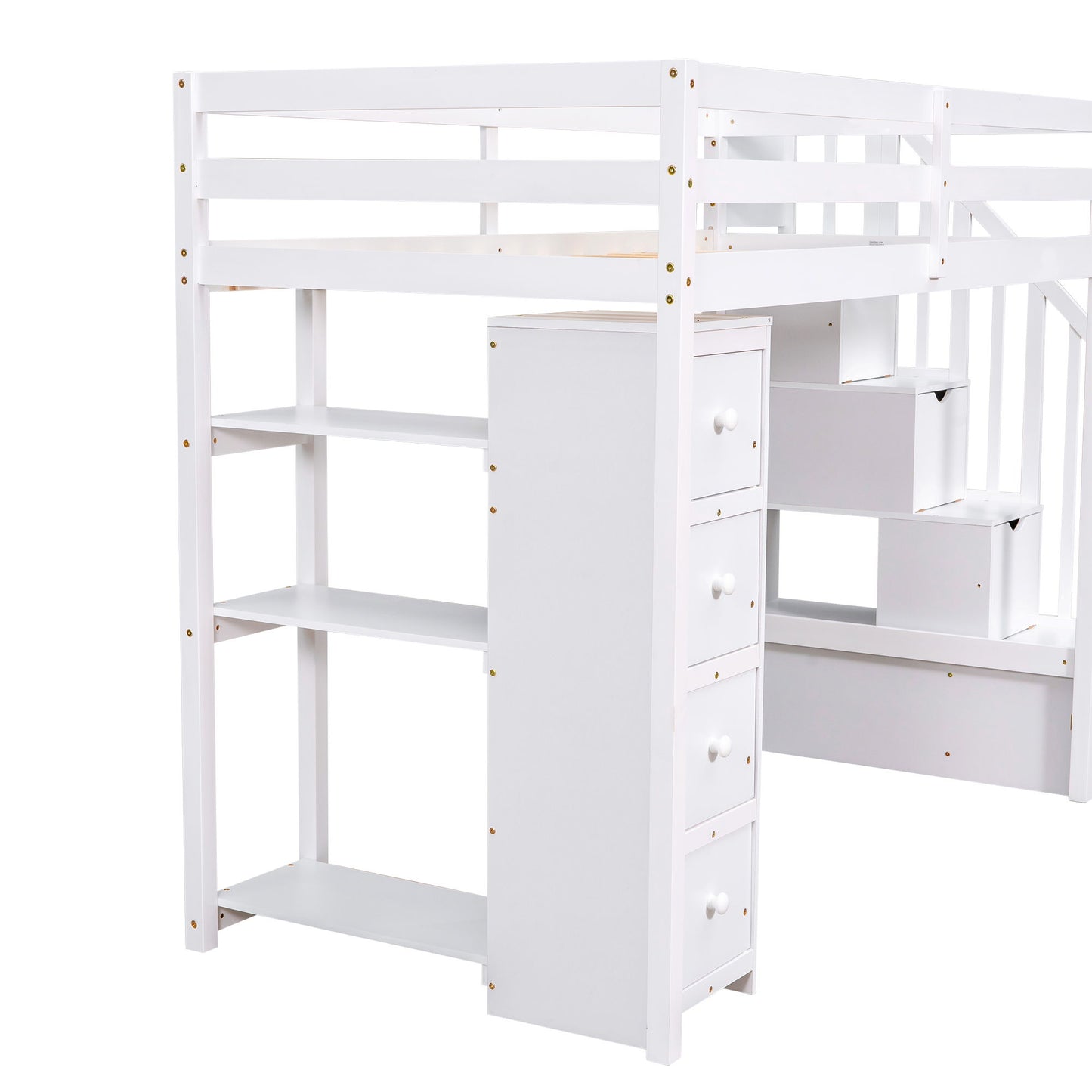 Twin Size Loft Bed With Storage Drawers And Stairs With Shelves - White